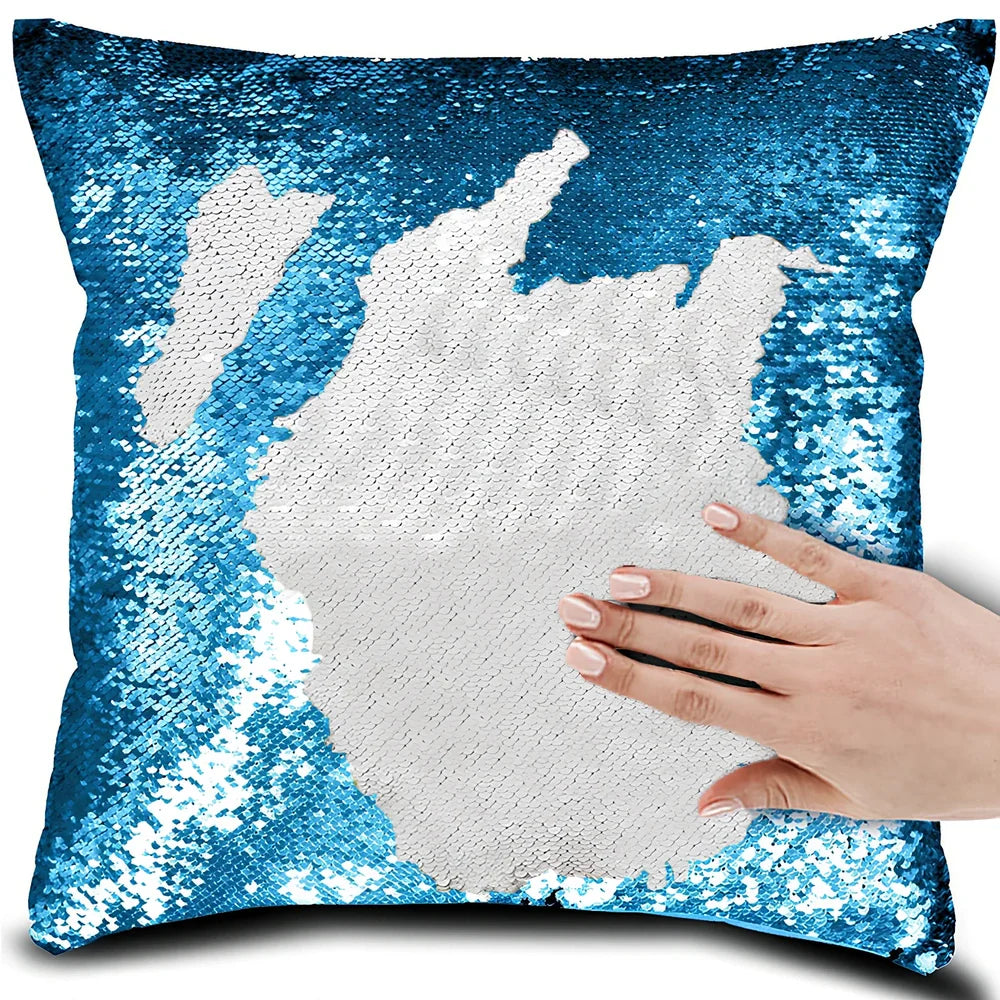 40x40cm square pillow cover showing colour-changing portrait pattern on knitted polyester fabric