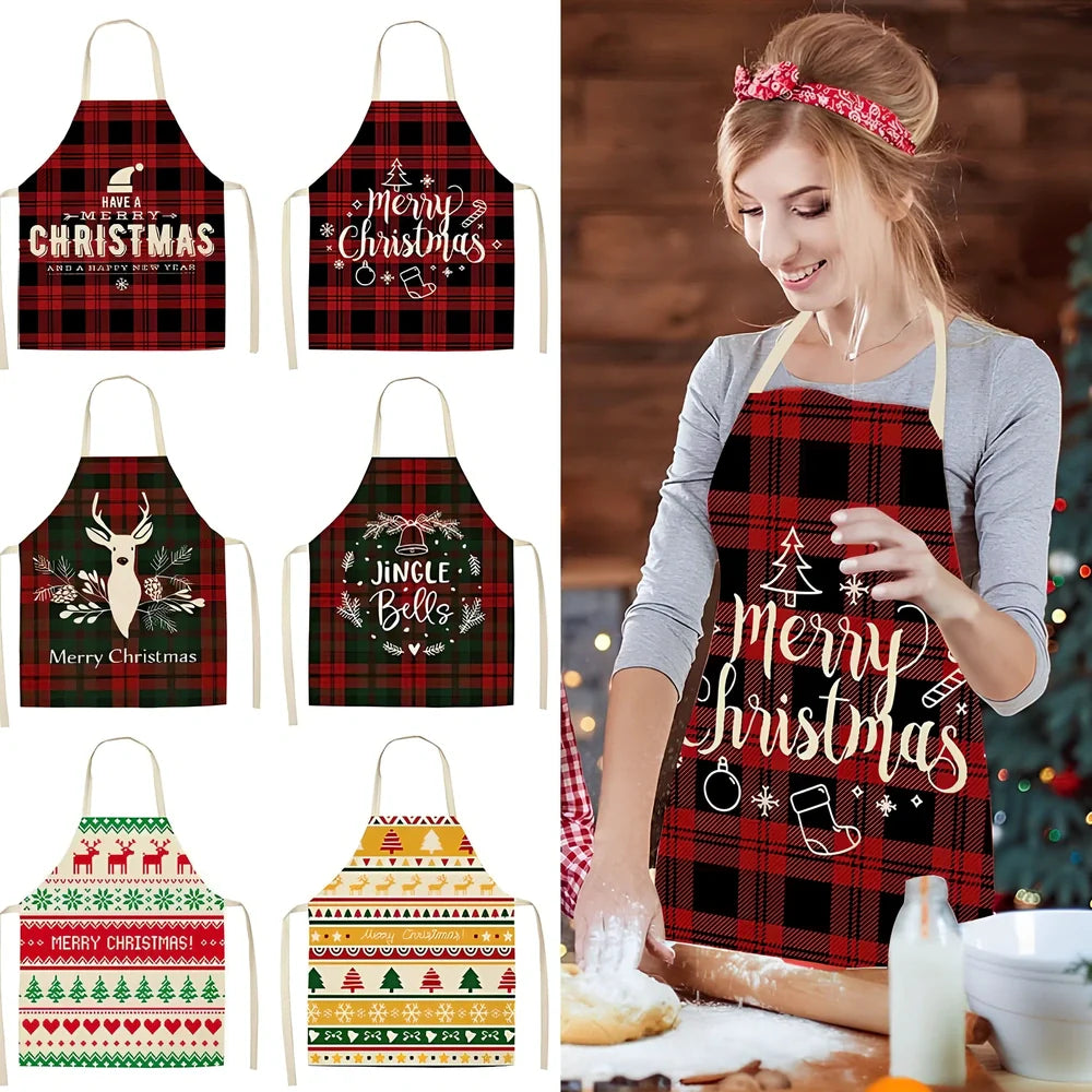 Cotton linen Christmas apron with adjustable straps showing 68x55 cm coverage area