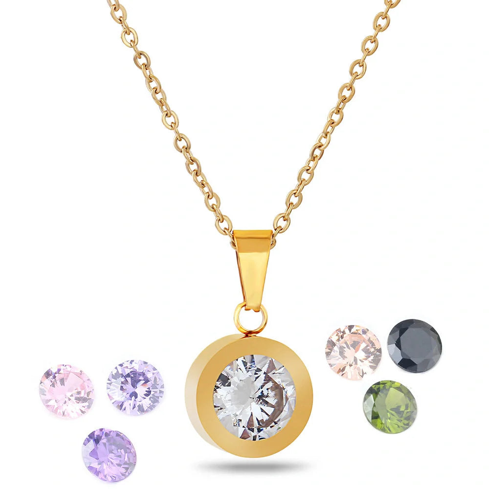 8 colors diamond titanium steel necklace with replaceable gems in silver and gold finishes