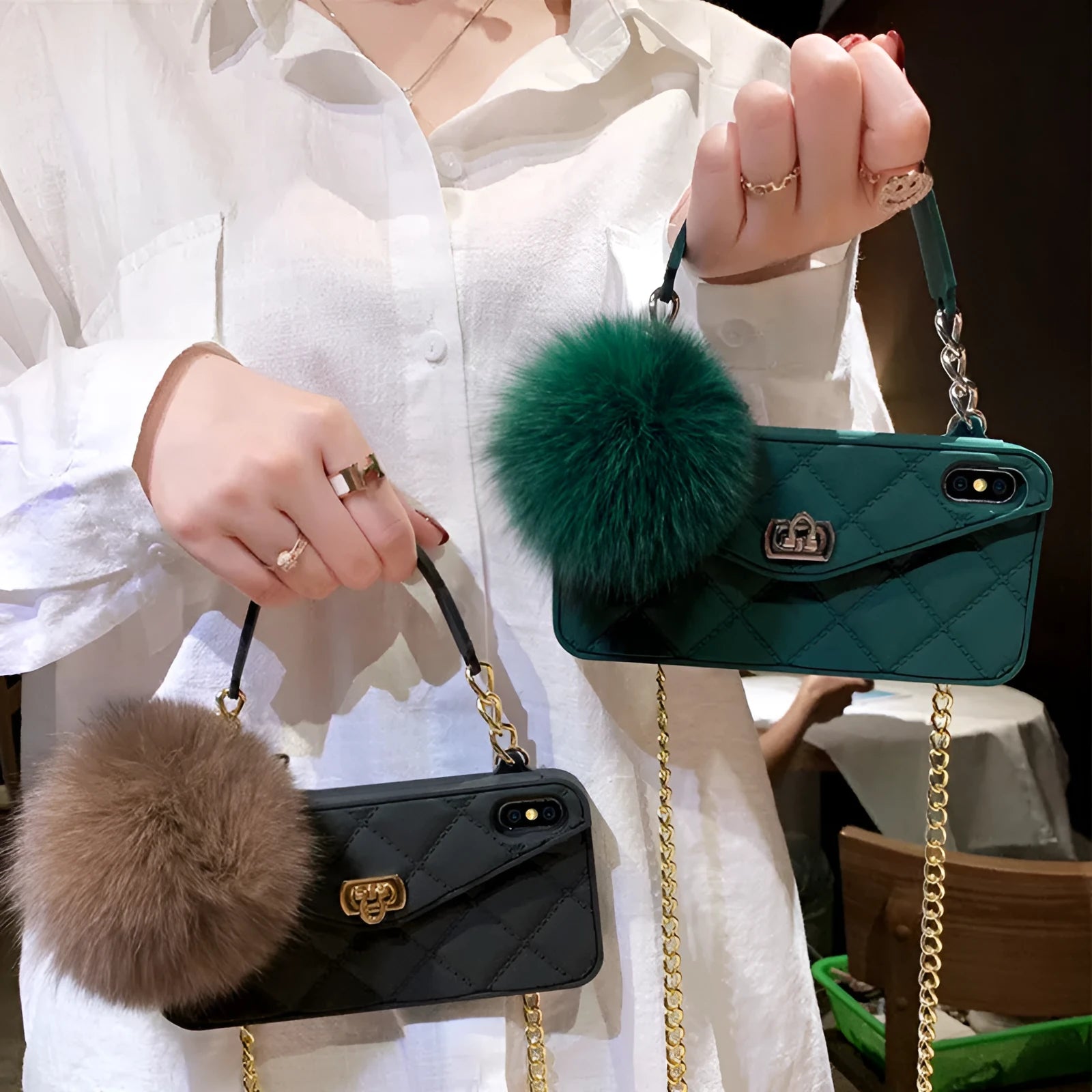Hairball phone case with plush texture in grid pattern, available in dark green, black, and ash colours