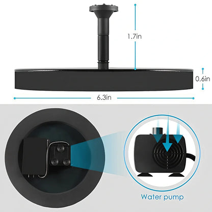 Black solar fountain with water spray in garden pond showing 55cm height and four nozzle options