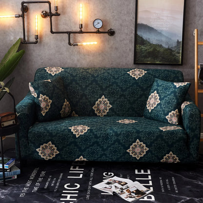 Elastic sofa cover on three-seat sofa showing stretch fabric fitting sofa length 190-230cm