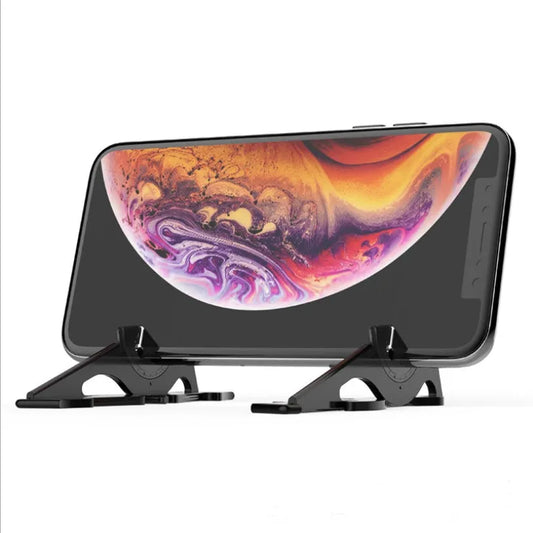 Black plastic card mobile phone holder propping up a smartphone at a 60-degree angle on a desktop