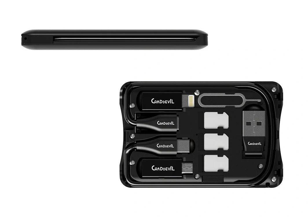 Multifunctional Travel Survival Card All-in-One Data Cable in black, featuring USB, Type-C, and micro USB interfaces