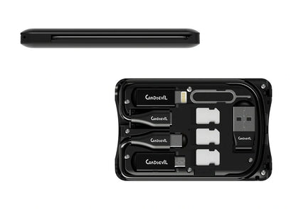 Multifunctional Travel Survival Card All-in-One Data Cable in black, featuring USB, Type-C, and micro USB interfaces