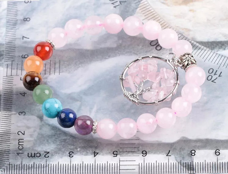 Crystal beaded bracelet with seven chakras or powder crystal options, 8mm beads, 18.8 cm length