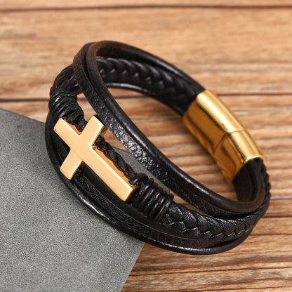 Men's braided stainless steel cross bracelet with elegant design, perfect for any occasion.