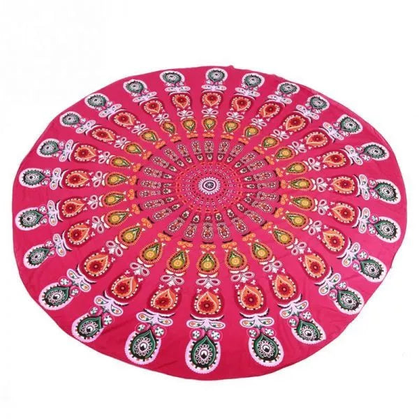 Mandala Red Round Beach Blanket with 57-inch diameter on sandy beach