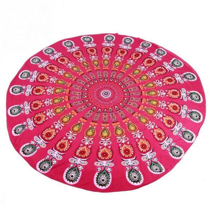 Mandala Red Round Beach Blanket with 57-inch diameter on sandy beach