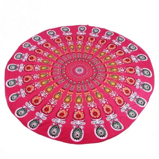 Mandala Red Round Beach Blanket with 57-inch diameter on sandy beach