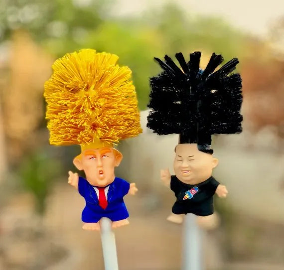 Yellow Donald Trump novelty toilet brush with hanging slot in handle