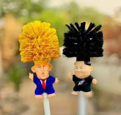 Yellow Donald Trump novelty toilet brush with hanging slot in handle
