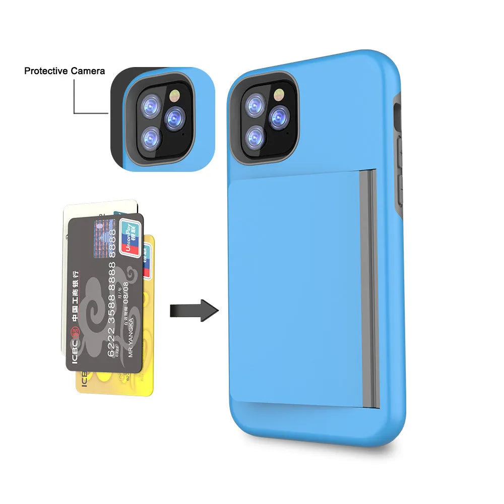 iPhone 11 mobile phone shell in six solid colours showing TPU+PC construction and precise model fit
