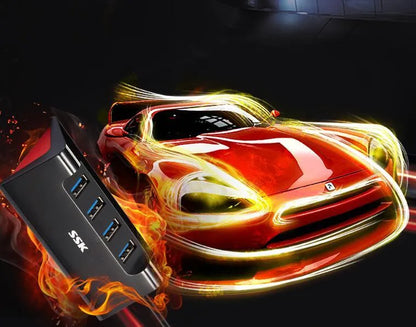 Black ABS plastic USB expansion dock with four USB ports and Micro USB power interface