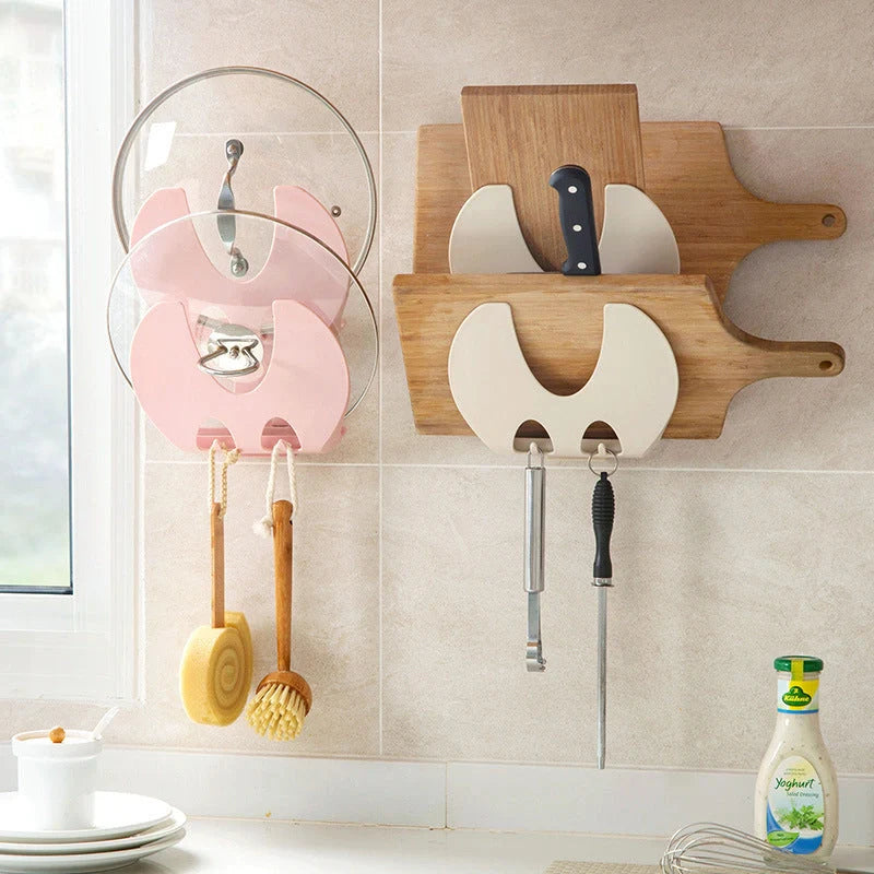 Wall-mounted kitchen organizer with double-layer storage and hooks for utensils