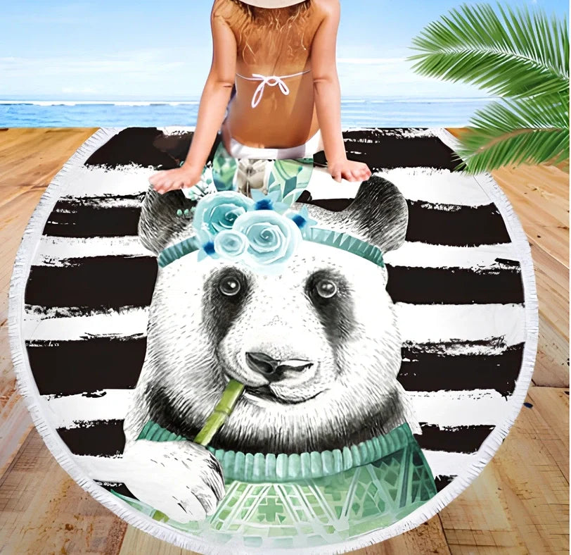 Round blue beach towel with panda design showing 140cm diameter and cushion roll function