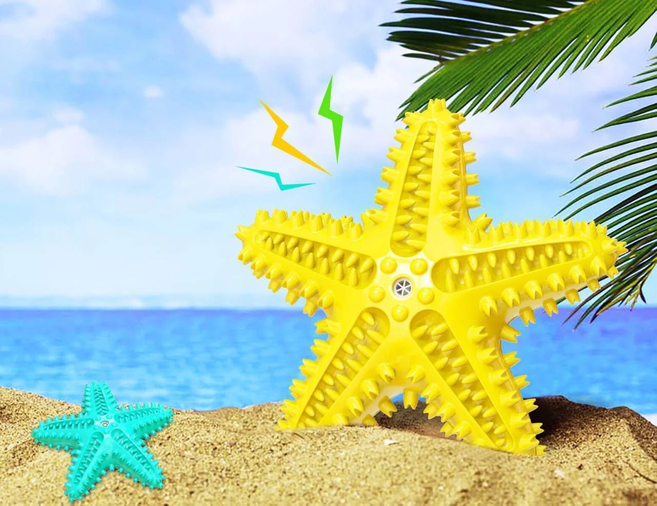 Starfish Vocal Pet Dog Toy Molar Stick in lake blue, yellow, and green for teeth cleaning