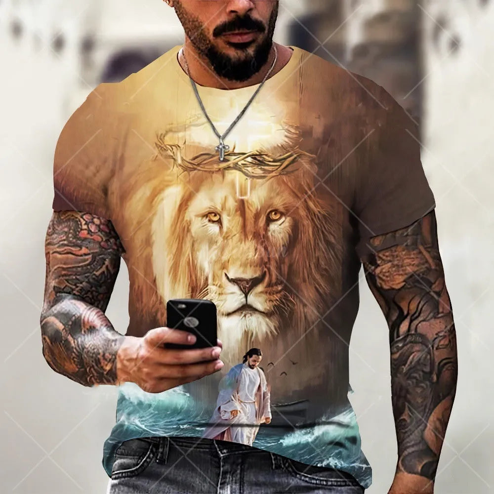 Man wearing a grey T-shirt with a raised 3D printed Jesus design on the chest.