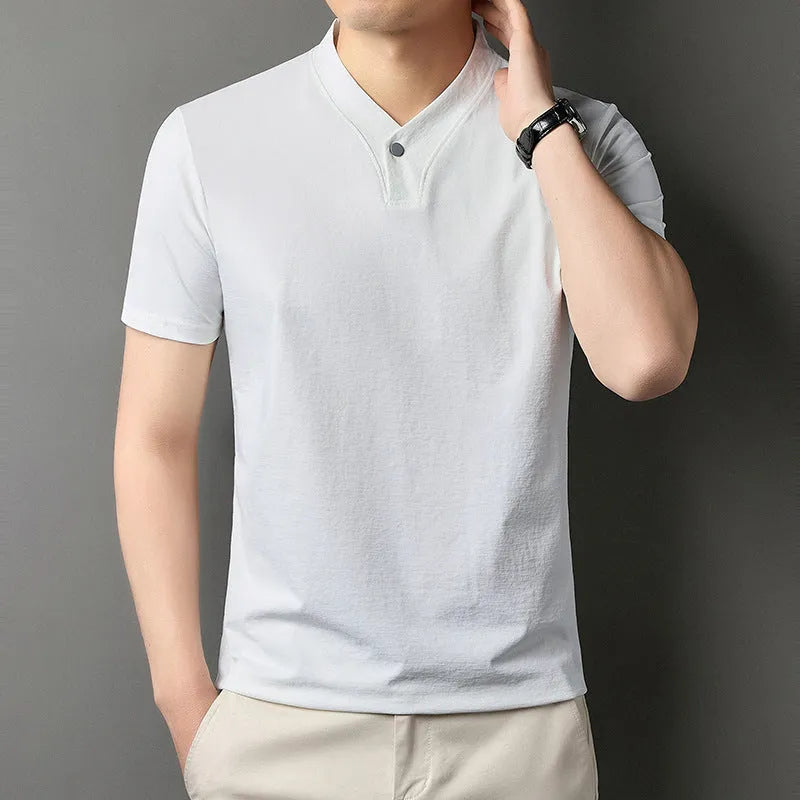 Men's short sleeve casual t-shirt with a zipper front detail, shown in one of the available colours.