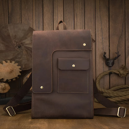 Dark brown genuine leather men's retro-style travel bag with shoulder straps and an external pocket.