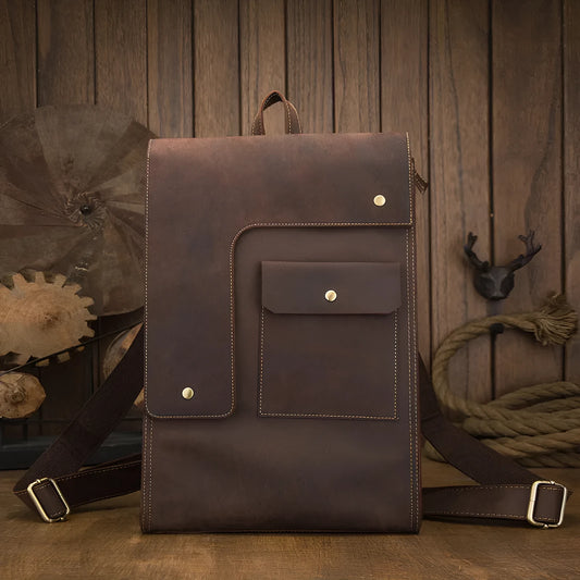 Dark brown genuine leather men's retro-style travel bag with shoulder straps and an external pocket.