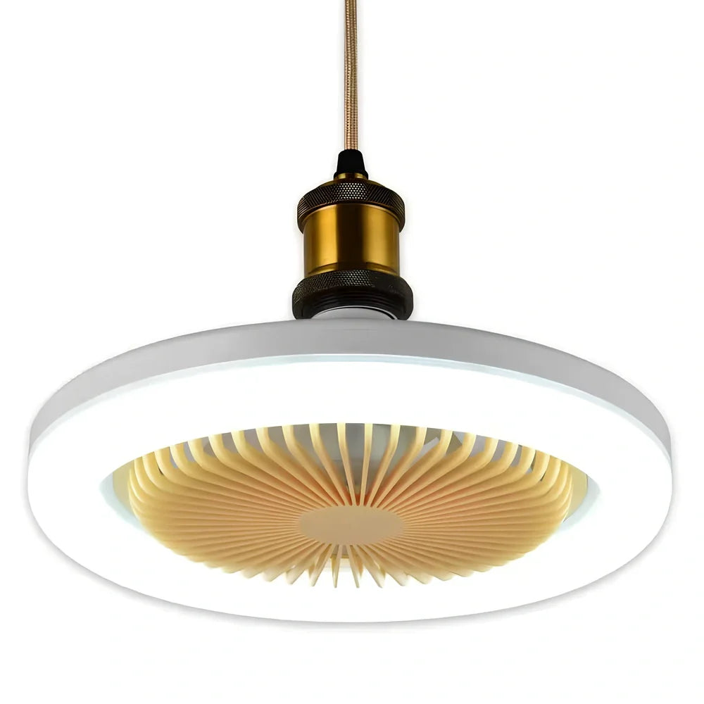 26cm round white ceiling fan with plastic blades and integrated LED light, remote control