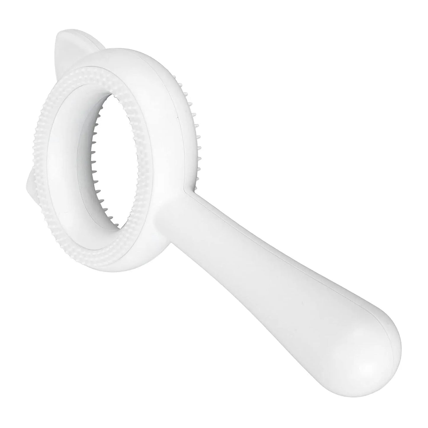 Blue and white dual-sided pet grooming brush with an ergonomic handle for cats and dogs.