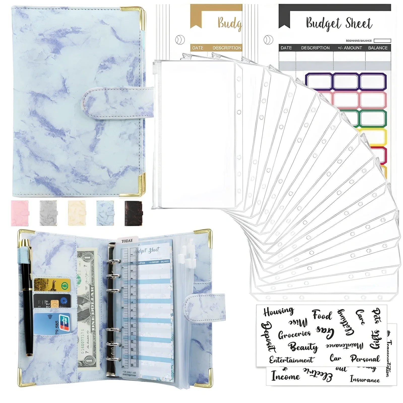 A6 leather PU binder journal open showing colour budget sheets and zip pockets with spiral binding