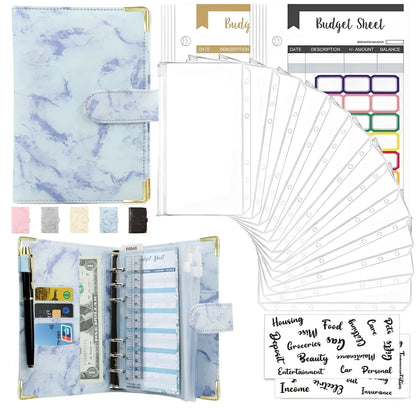 A6 leather PU binder journal open showing colour budget sheets and zip pockets with spiral binding