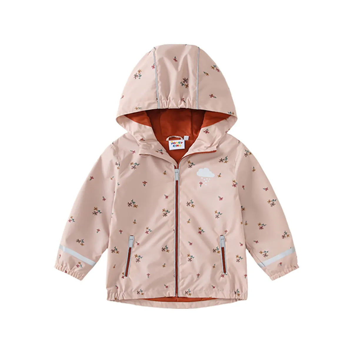 Children's pink floral hooded raincoat and matching rain pants set with reflective night vision detailing