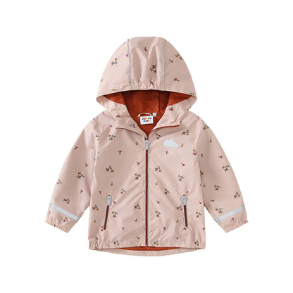 Children's pink floral hooded raincoat and matching rain pants set with reflective night vision detailing