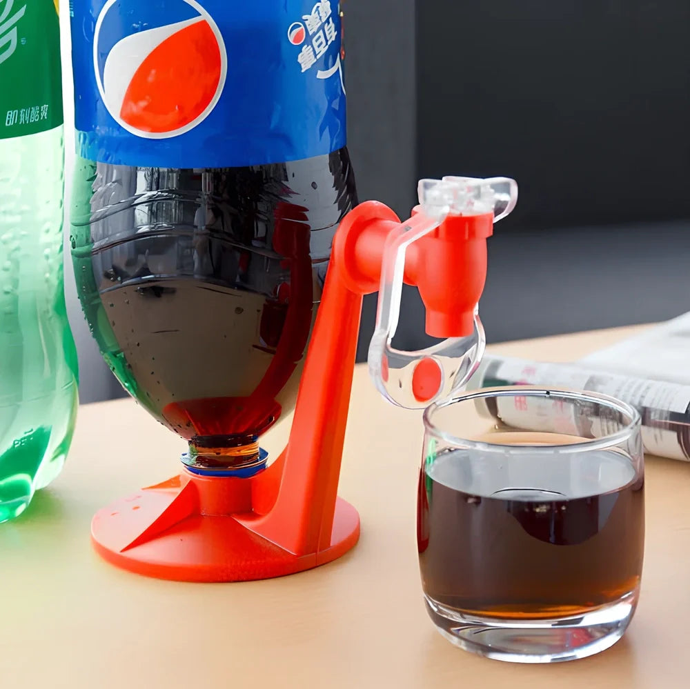 Red automatic beverage dispenser gadget measuring 15cm tall with universal bottle fitting