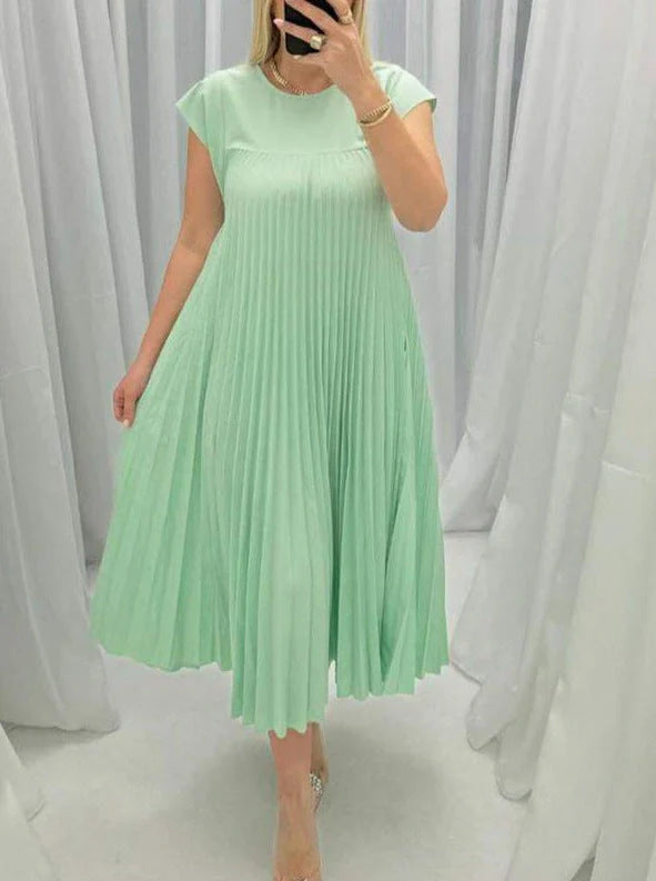 Women's summer long dress with pleated detail and round neck in various colors