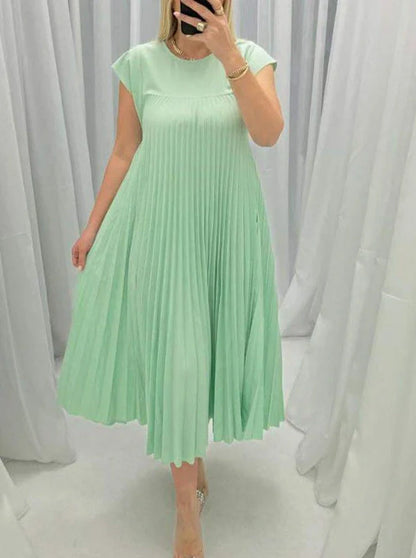 Women's summer long dress with pleated detail and round neck in various colors