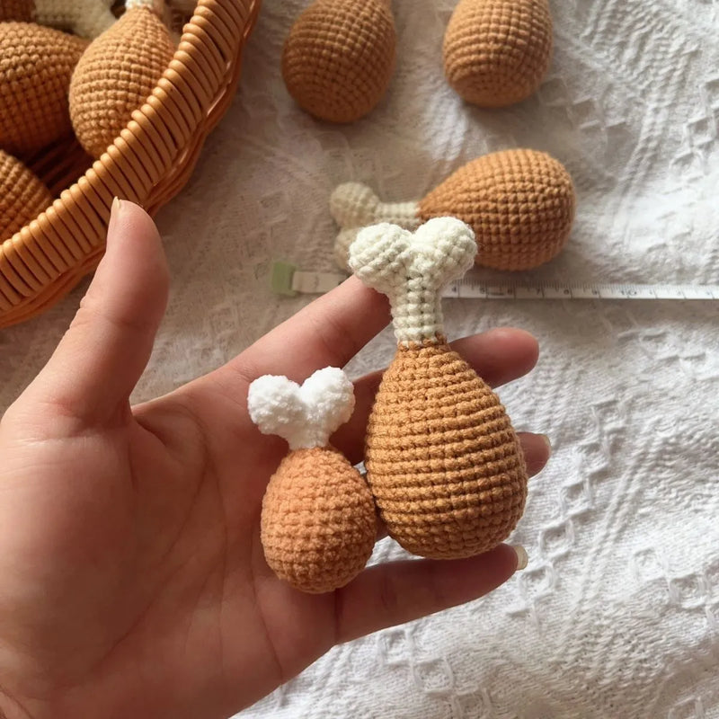Crocheted chicken leg pendant key chain with colourful plush material measuring approximately 8 cm, handmade craft accessory for bags and keys