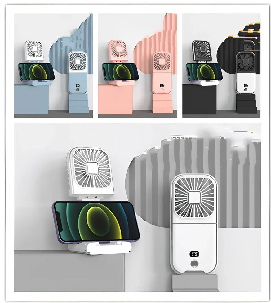 F30Pro folding portable handheld fan in white with digital display, 169x81x20mm size, USB charging, plastic blades for cooling