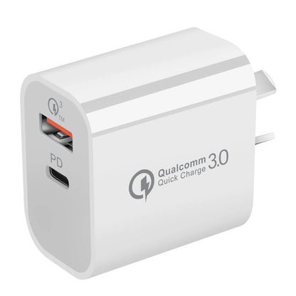 White Australian dual-port USB wall charger with USB-A and USB-C ports