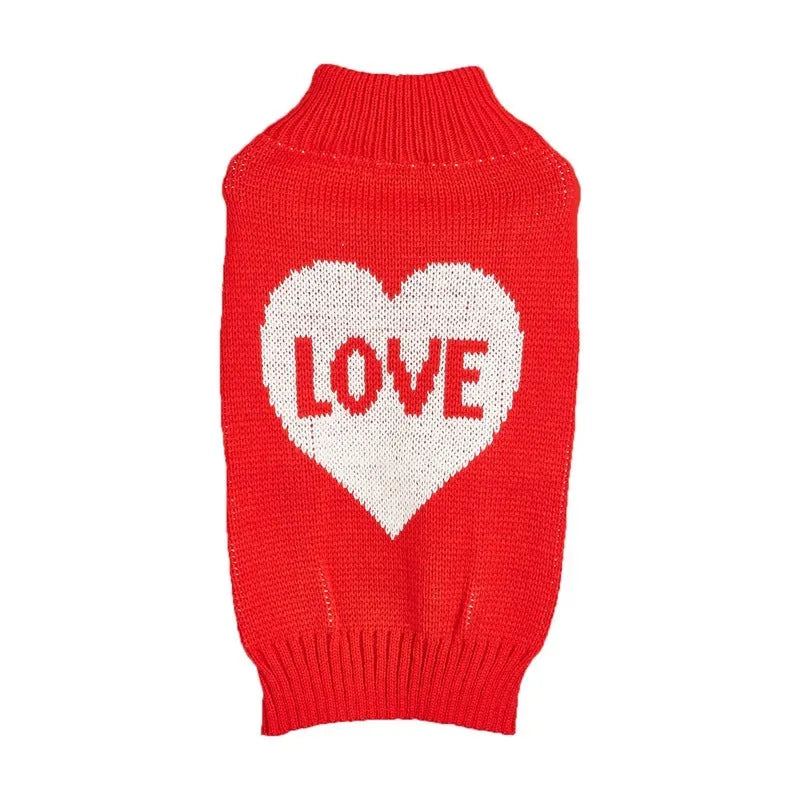 Dog sweater for small to medium dogs featuring a fashion bow design and love heart pattern made from acrylic knit fabric in pink bow, pink diamond, pink love heart, and red love heart colour options available in XS, S, M, L sizes
