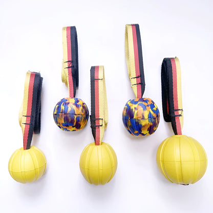 Camouflage and yellow EVA foam floating dog ball with knotted tetherball design.