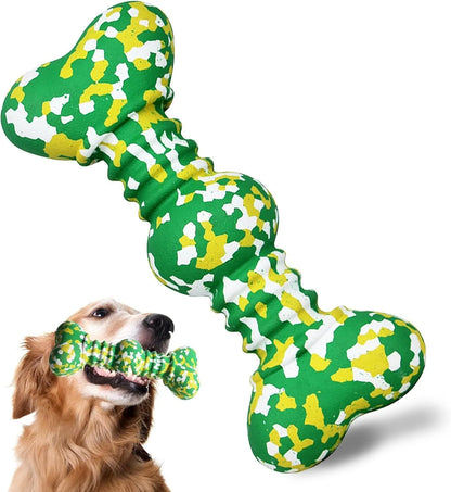 Natural rubber dog chew toy with camouflage design for aggressive chewers, USDA organic certified, in green, white, and yellow colours.