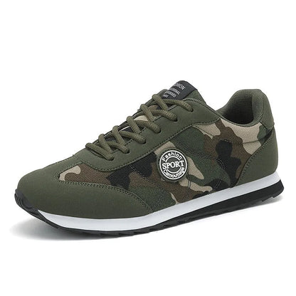 Camouflage pattern unisex sports running shoes showing suede upper and low-top design