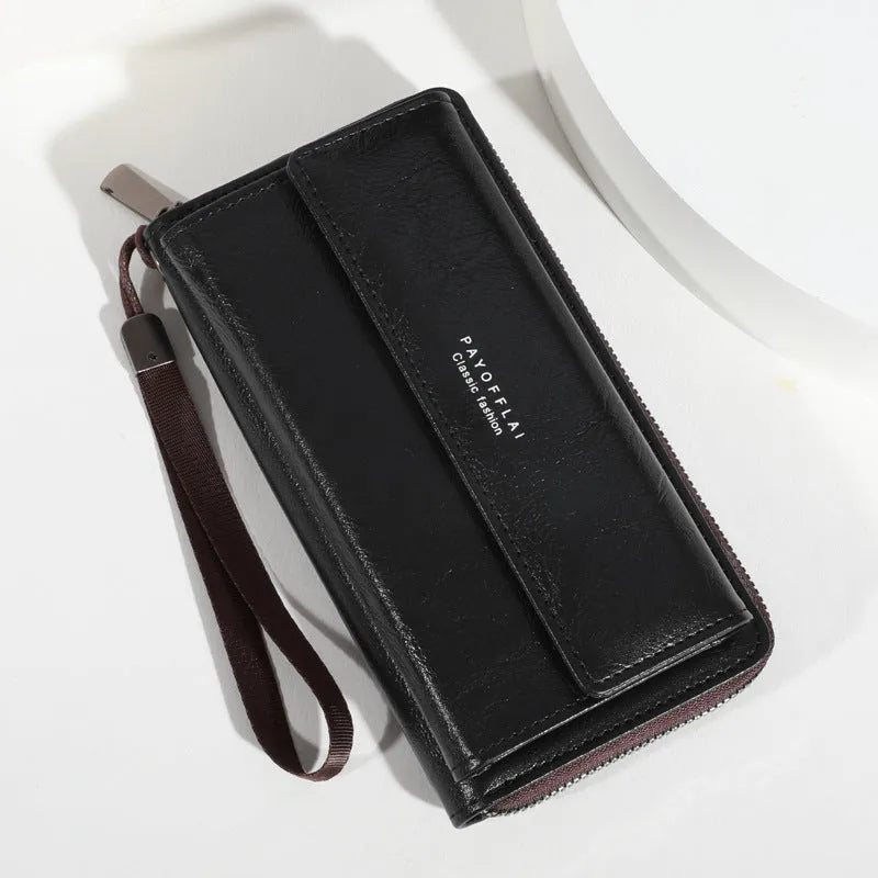 Men's black PU long-fold wallet with multiple card slots, shown open.