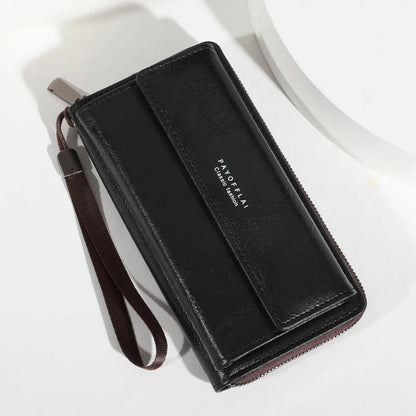 Men's black PU long-fold wallet with multiple card slots, shown open.