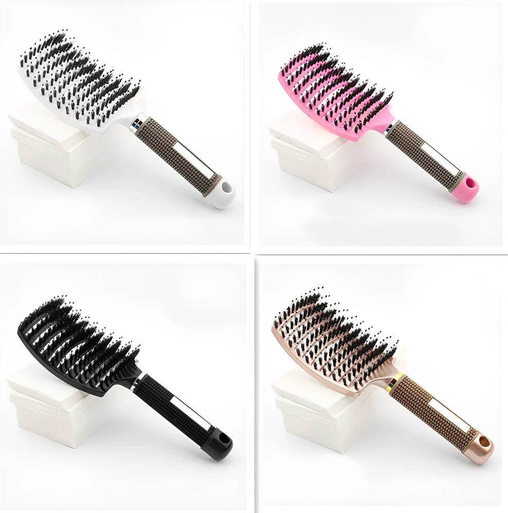 Large curved hairbrush with boar bristles showing 15cm width and natural bristle distribution