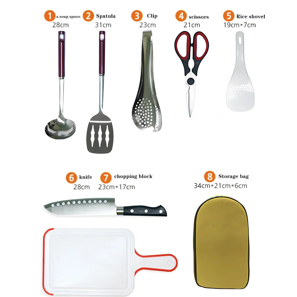 8-piece camp kitchen cooking utensil set with stainless steel tools in Oxford fabric storage bag