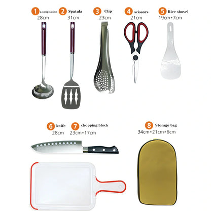 8-piece camp kitchen cooking utensil set with stainless steel tools in Oxford fabric storage bag