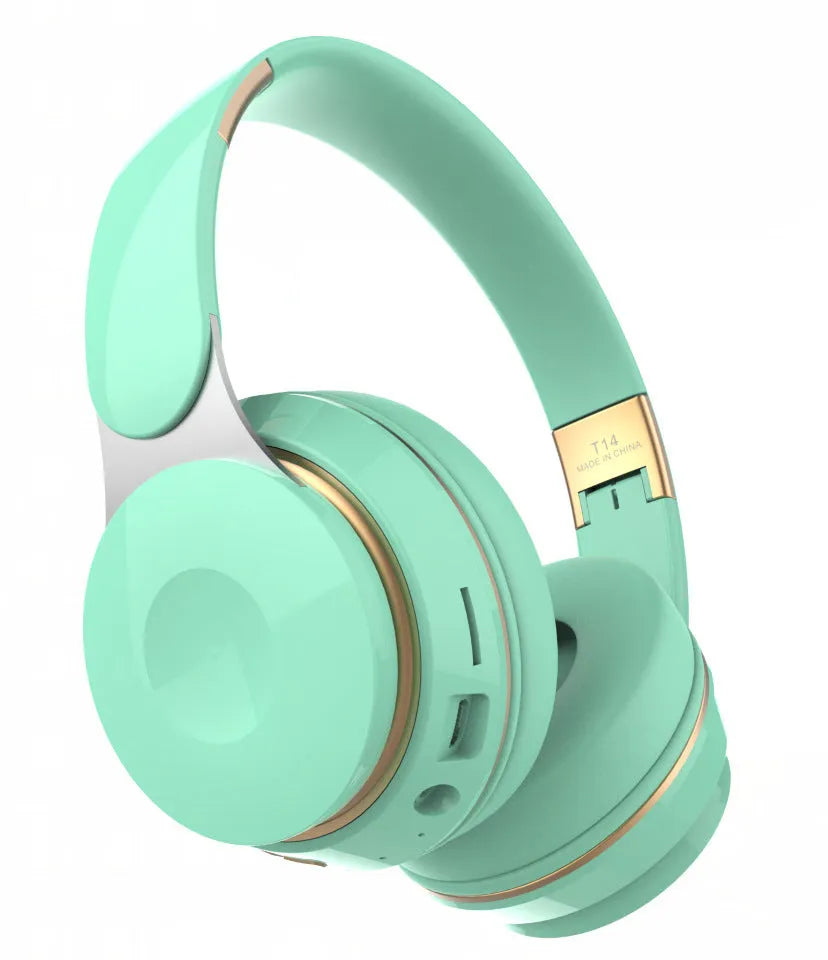 Foldable wireless Bluetooth headset in various colours showing head-mounted design