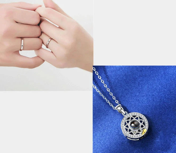 Personalized Sun and Moon Projection Necklace showcasing 100 languages I love you engraving