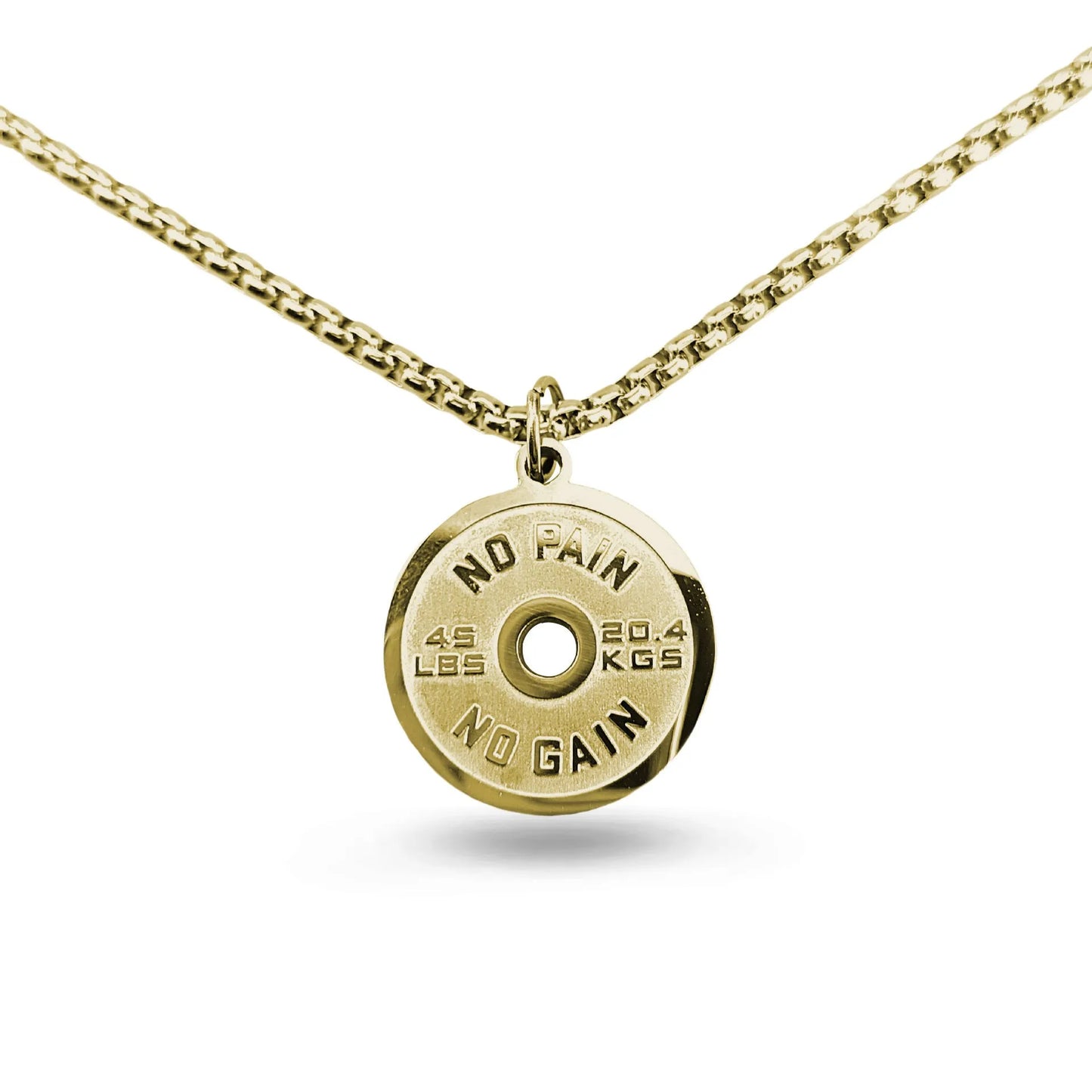 Stainless steel barbell disk geometric pendant necklace with polished finish and chain options