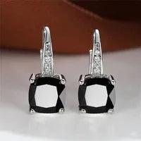Square zircon inlaid ear hook earrings with geometric design and electroplated finish in golden tone